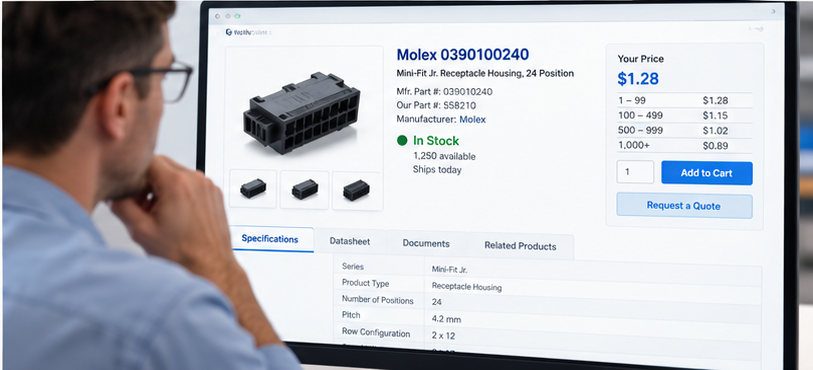 Distributor e-commerce technical product catalog with manufacturer and electrical specification filters, inventory and customer pricing