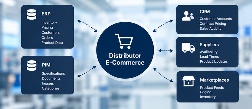 Distributor e-commerce ERP integration connecting product catalogs with inventory, pricing, accounts, order workflows and other business systems